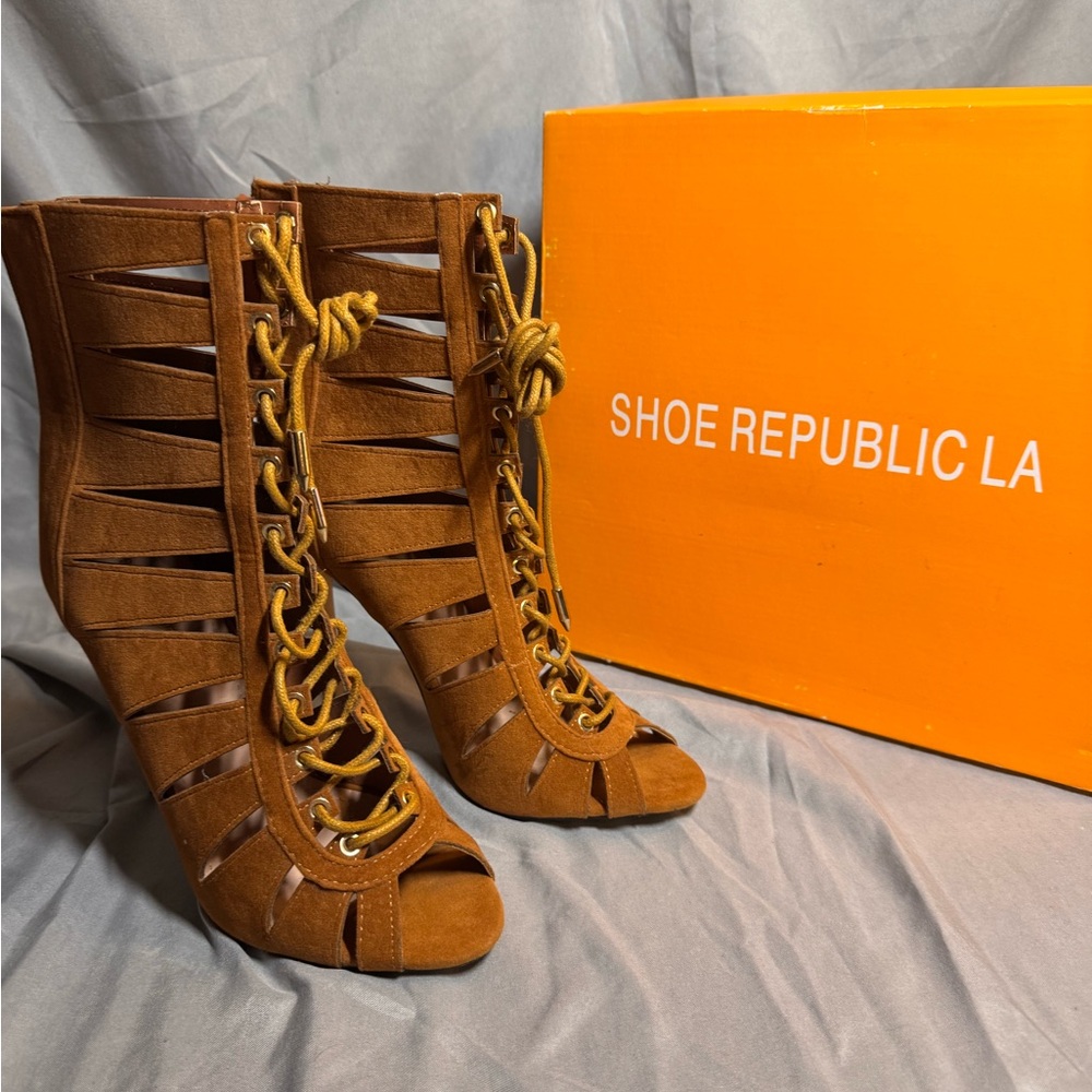 Shoe Republic LA Brown Lace-Up Heels